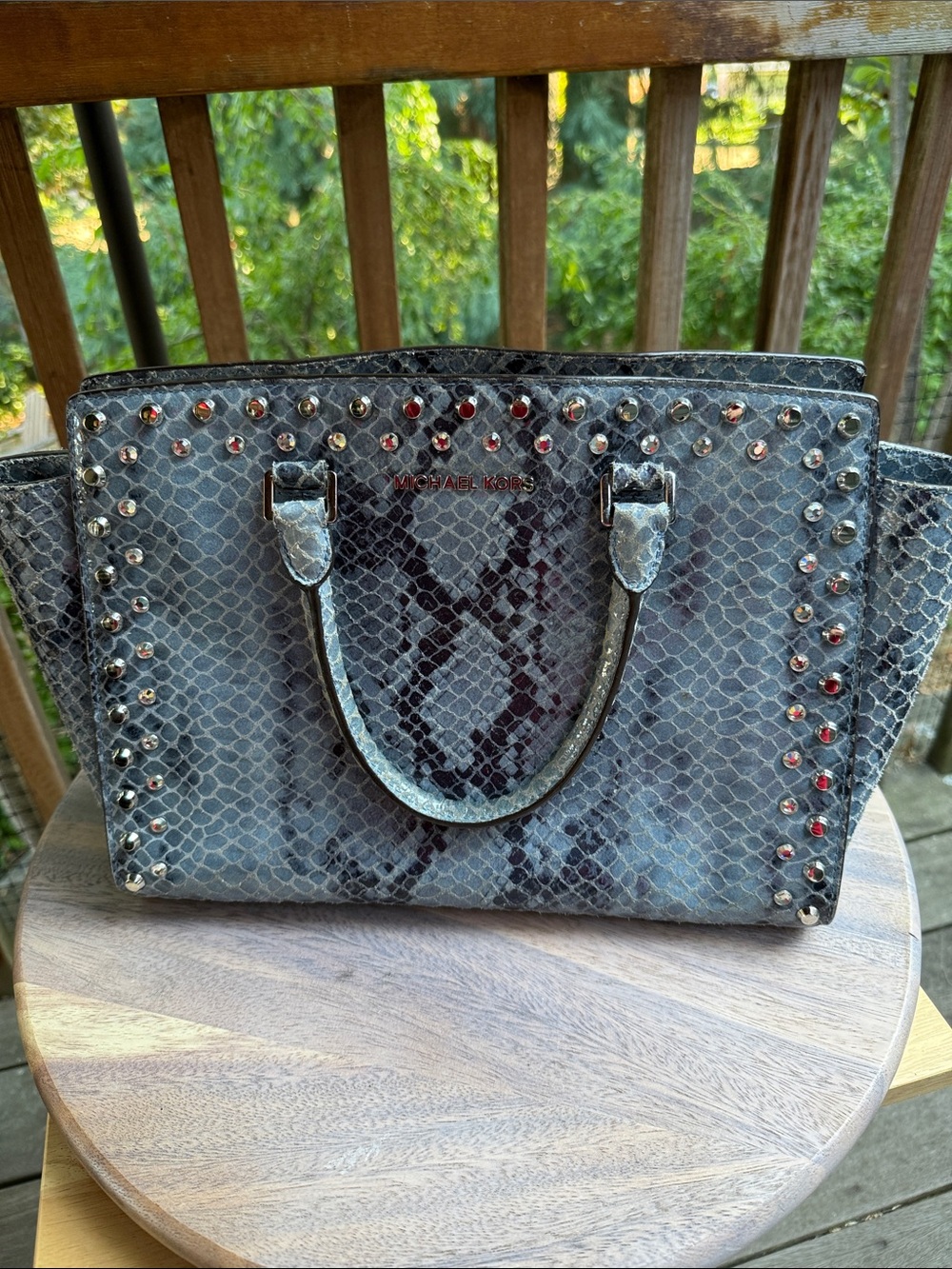 Michael Kors Blue Snake-Print Studded Satchel with Top Handles
